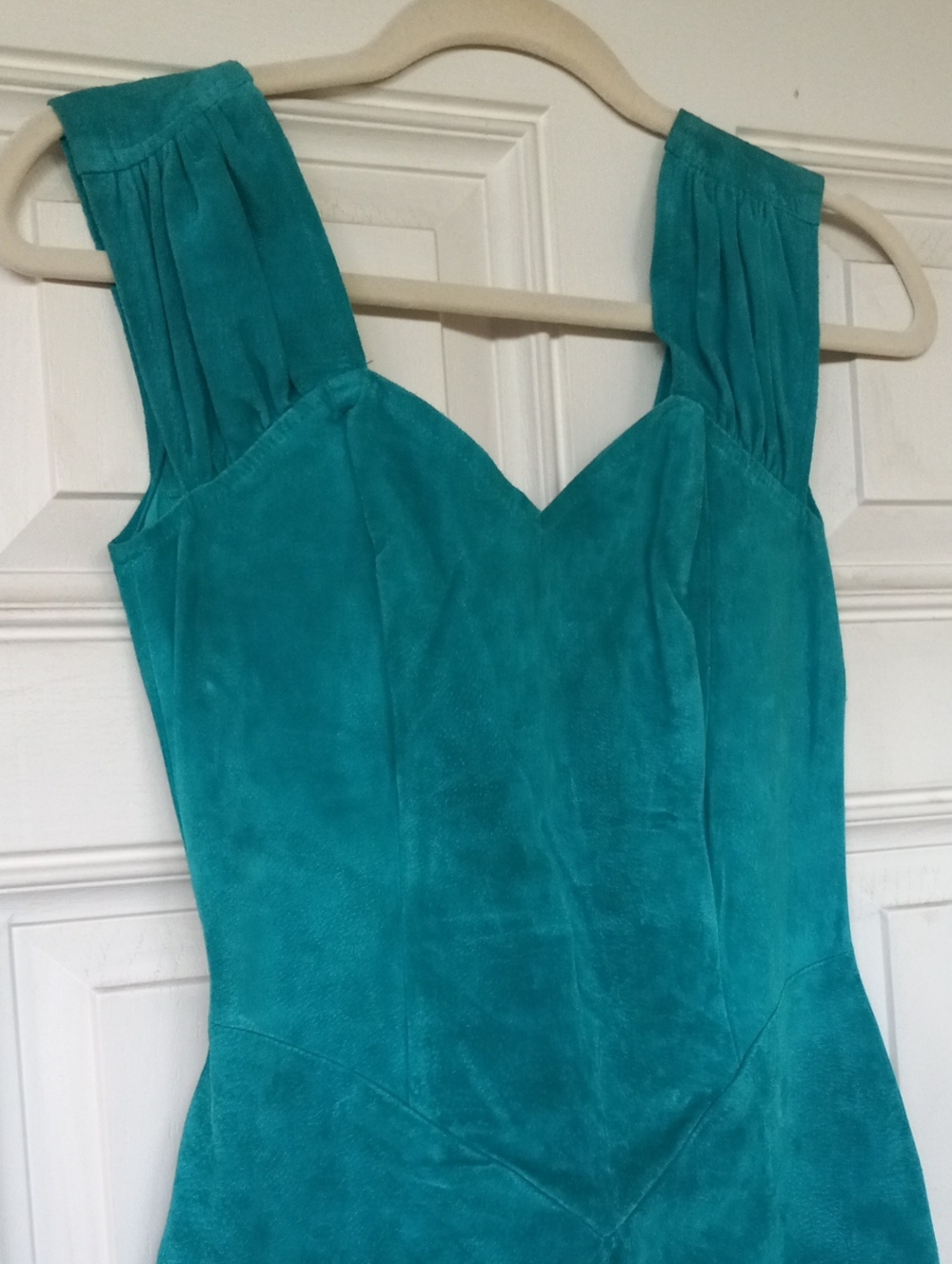 80s Vintage 7/8 Teal Suede Sheath Dress Bodycon - Picture 2 of 6